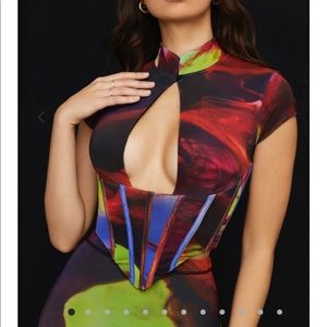 House of Cb Sabrina printed mesh high neck corset top
